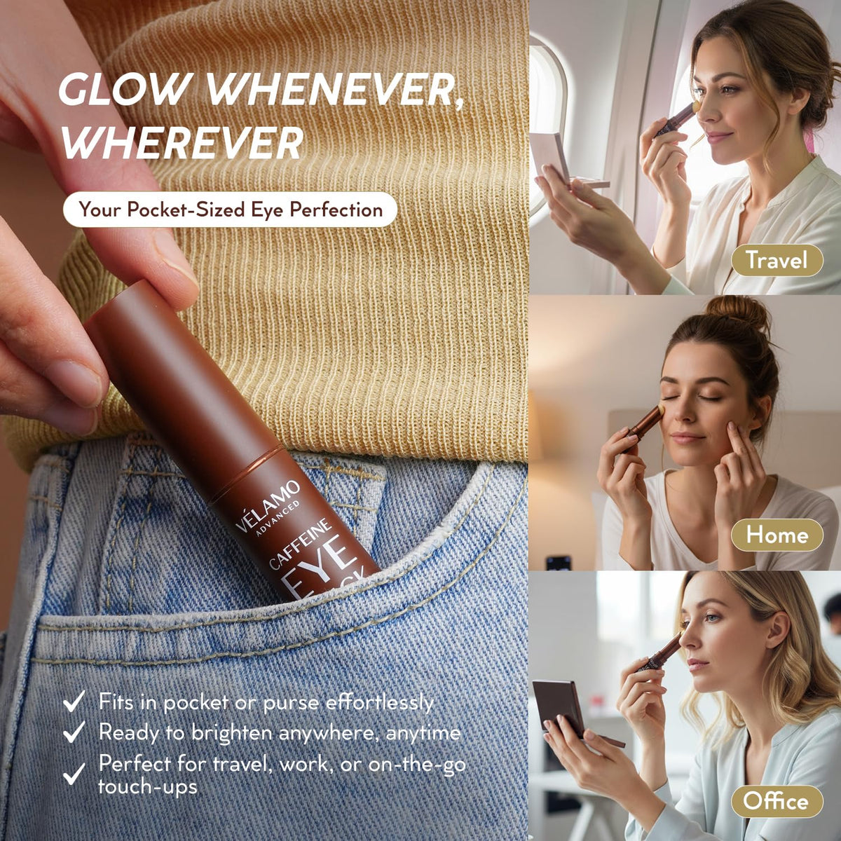 VELAMO ADVANCED Caffeine Eye Stick with ingredients listed