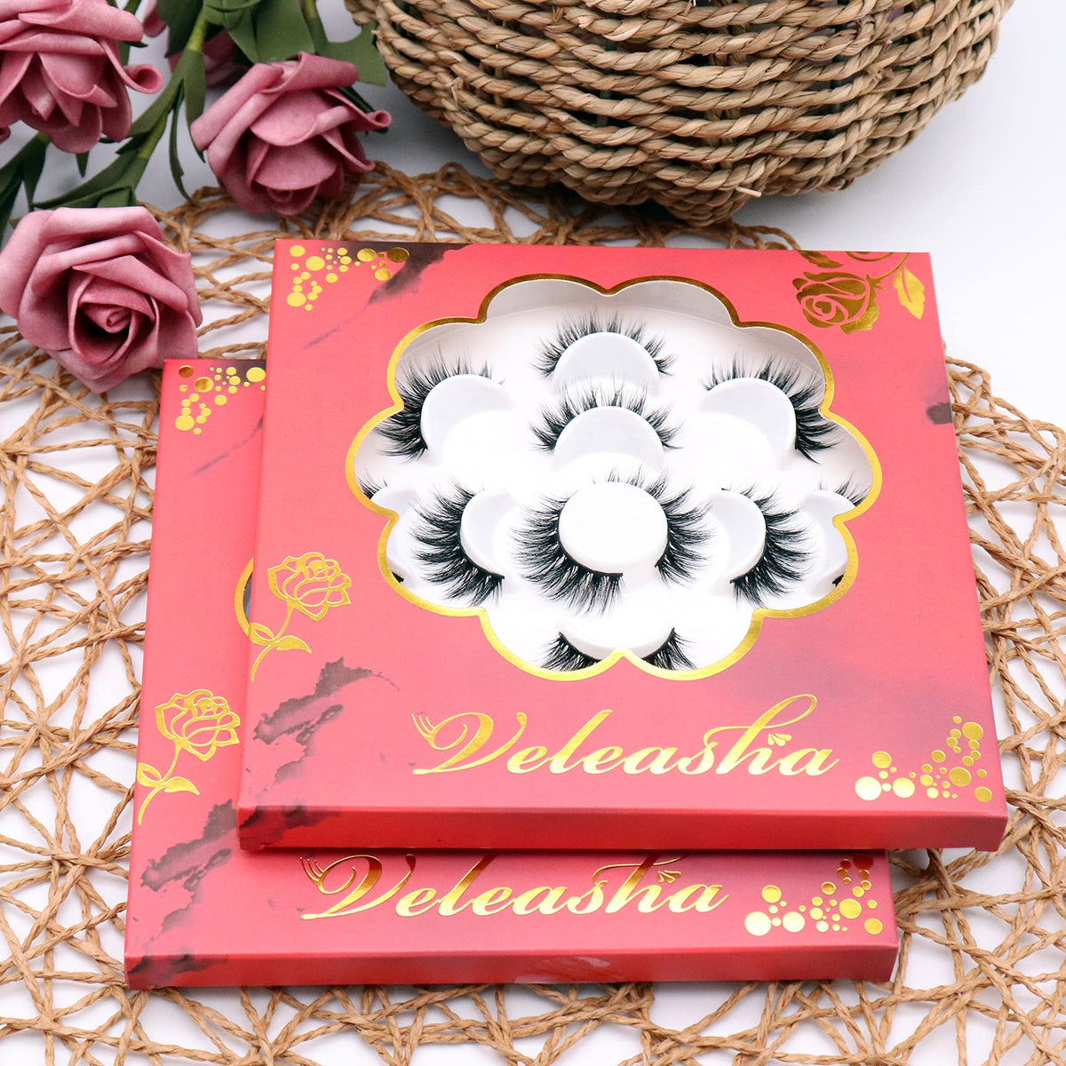 Veleasha 5D Faux Mink False Eyelashes displayed with tweezers