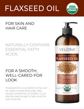 velona Organic Flaxseed Oil 16 fl oz back view showing ingredients
