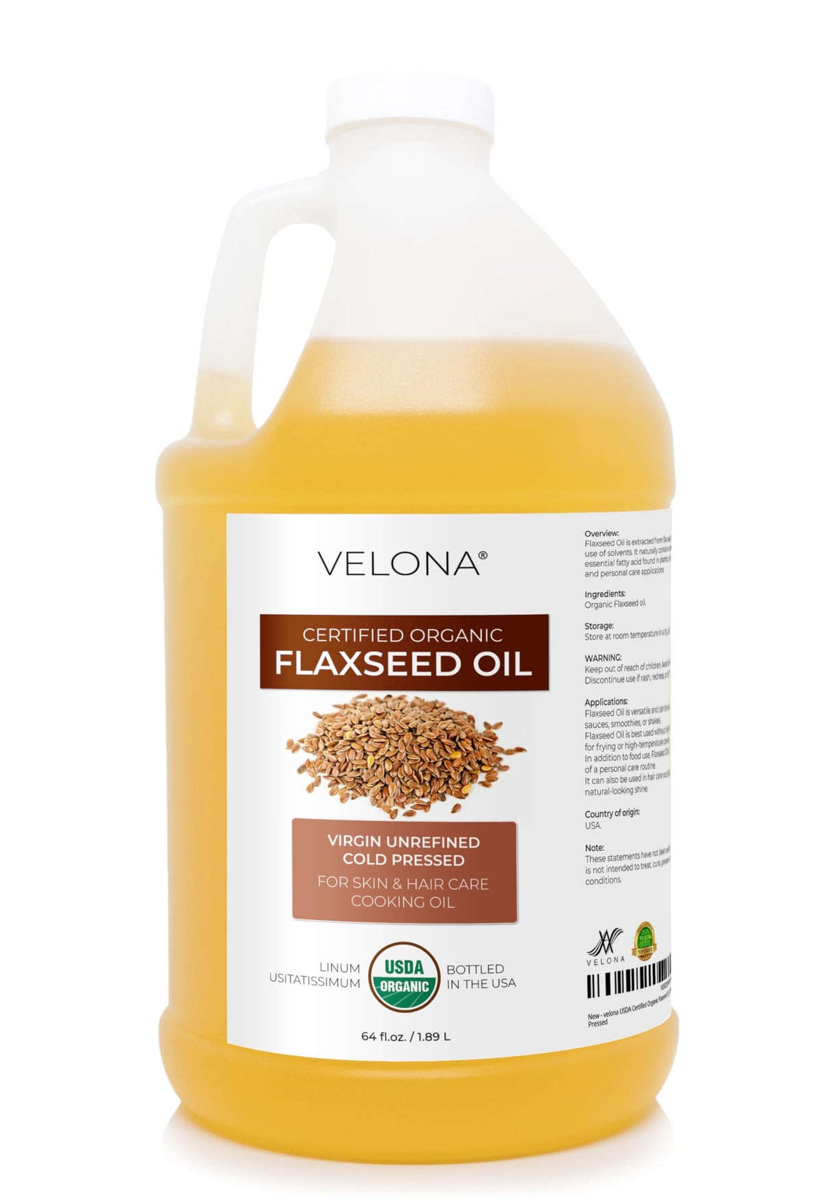 velona Organic Flaxseed Oil 64 fl oz front view