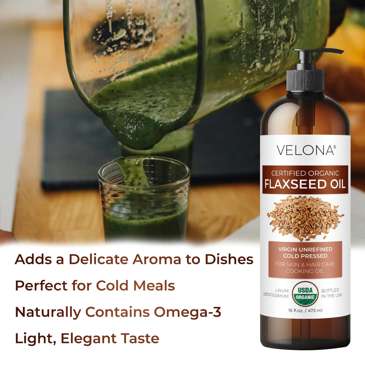 velona Organic Flaxseed Oil pour on salad
