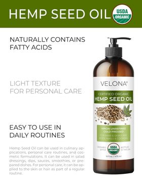 velona Organic Hemp Seed Oil 16 fl oz back view with ingredient details