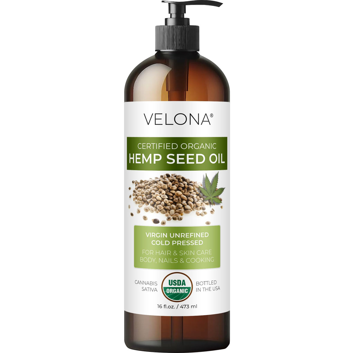 velona Organic Hemp Seed Oil 16 fl oz front view with pump