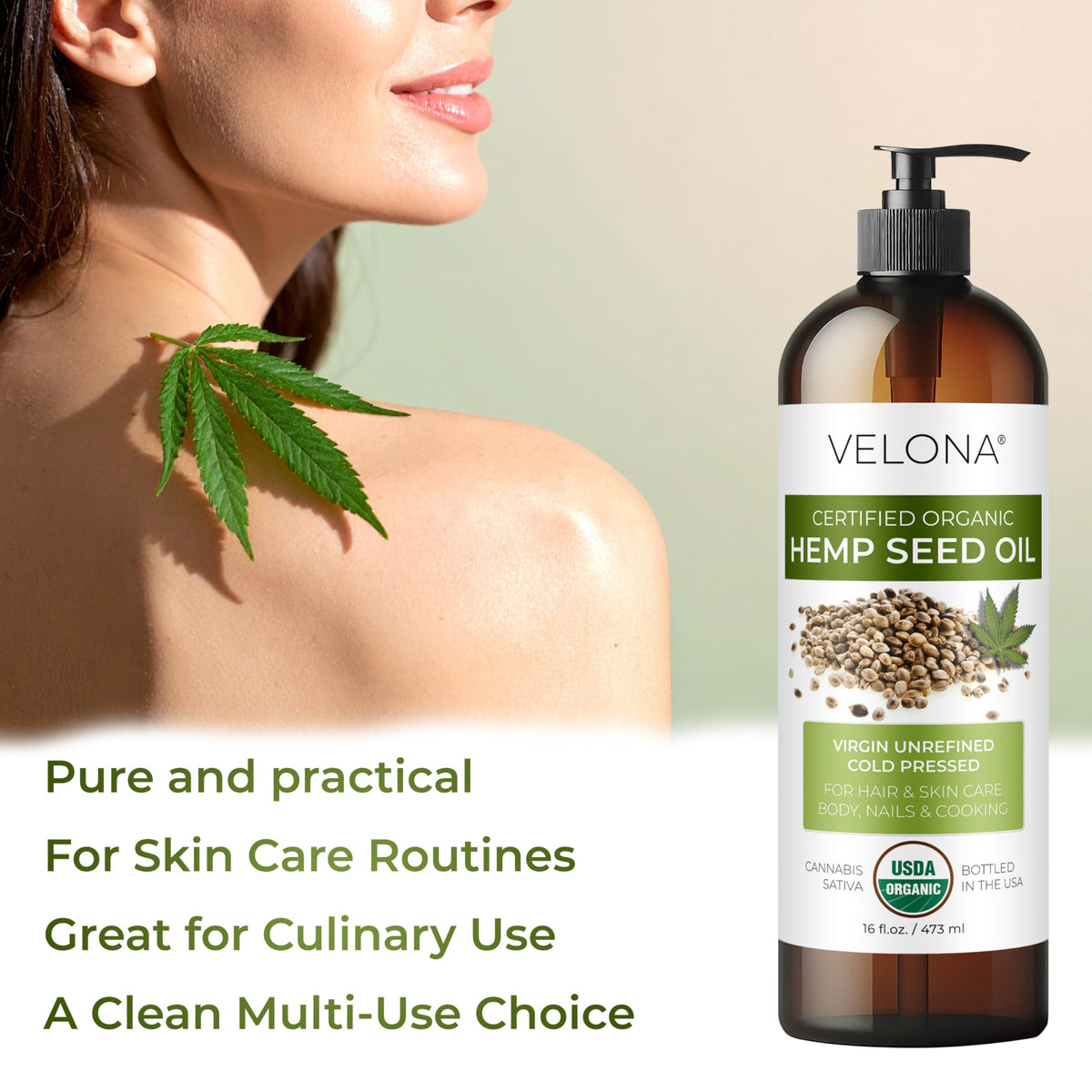 velona Organic Hemp Seed Oil 16 fl oz on a bathroom counter