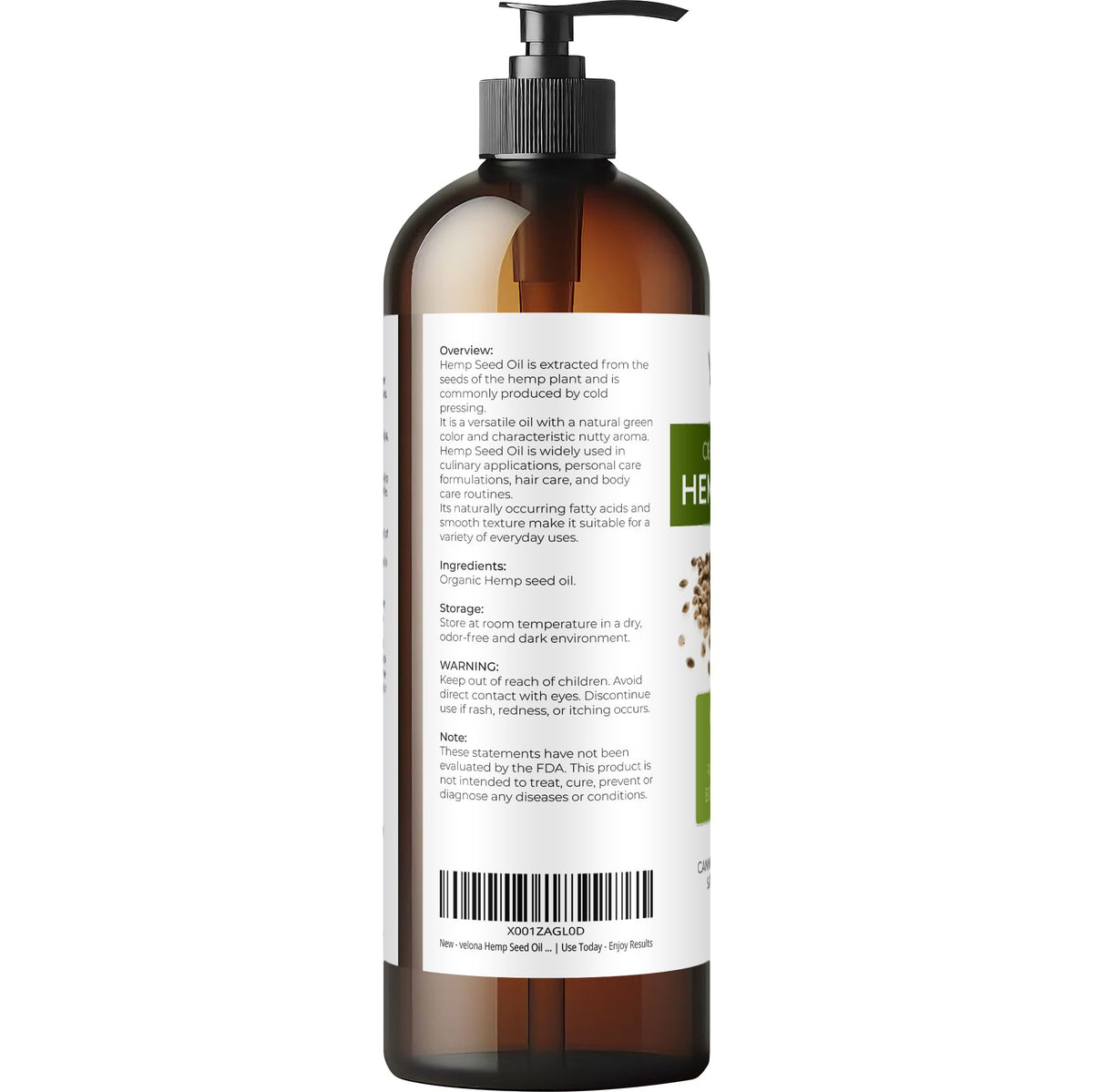 velona Organic Hemp Seed Oil 16 fl oz side view showing packaging