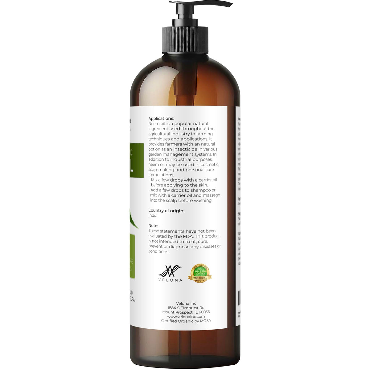 velona Organic Neem Oil bottle on a wooden table