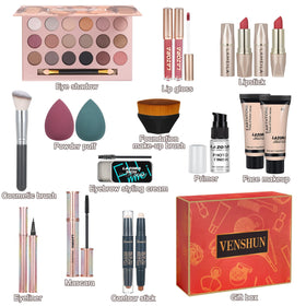 venshun Makeup Kit contents including lip gloss and brushes