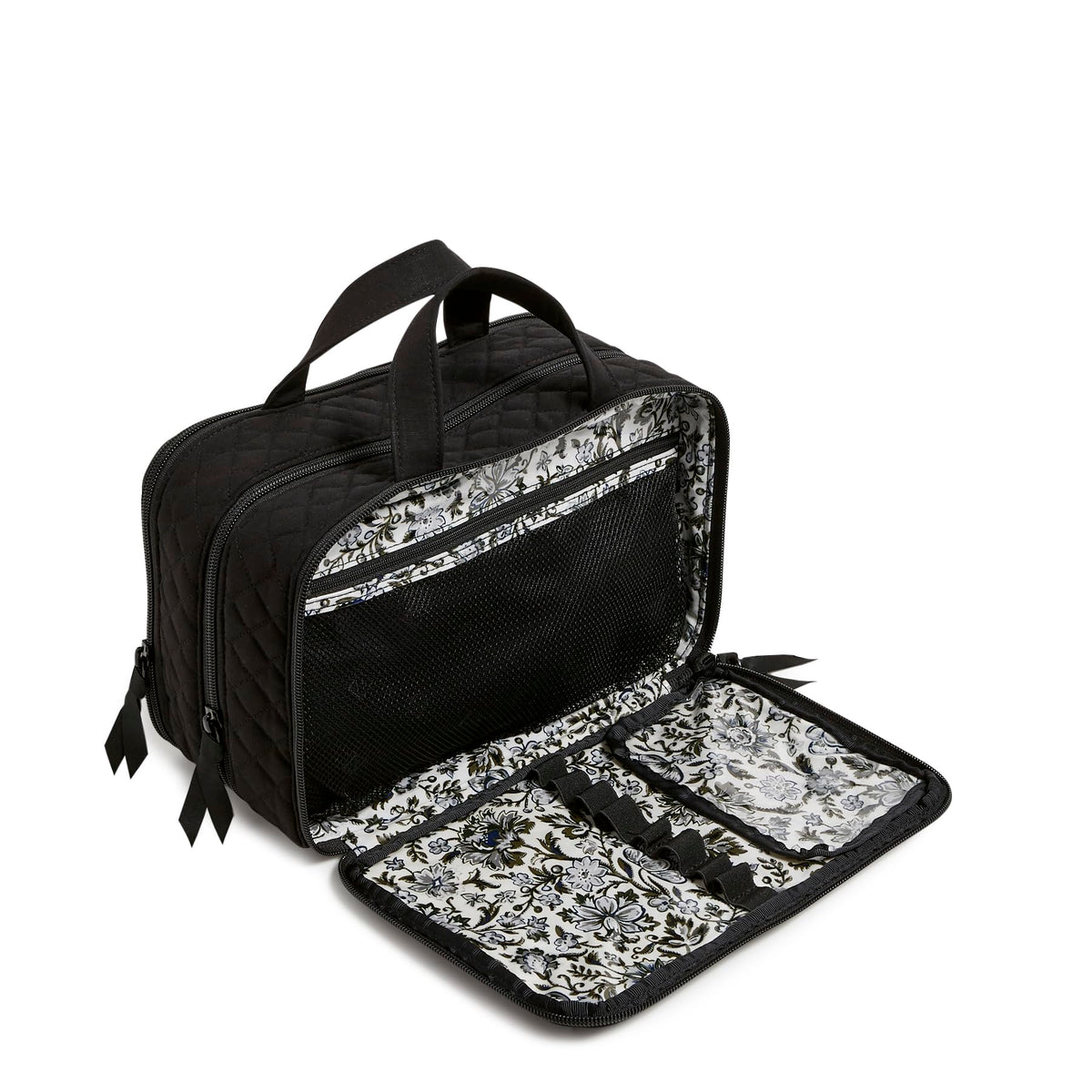 Vera Bradley Travel Makeup Organizer Case with open compartments showing brushes and cosmetics