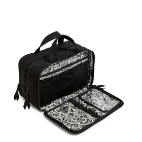 Vera Bradley Travel Makeup Organizer Case with open compartments showing brushes and cosmetics