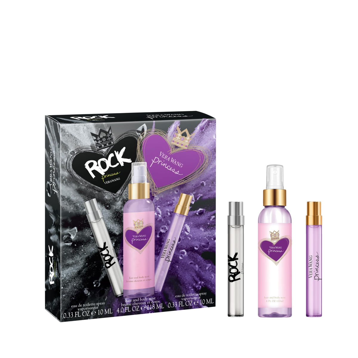 Vera Wang Princess + Rock Princess Gift Set with three fragrance bottles
