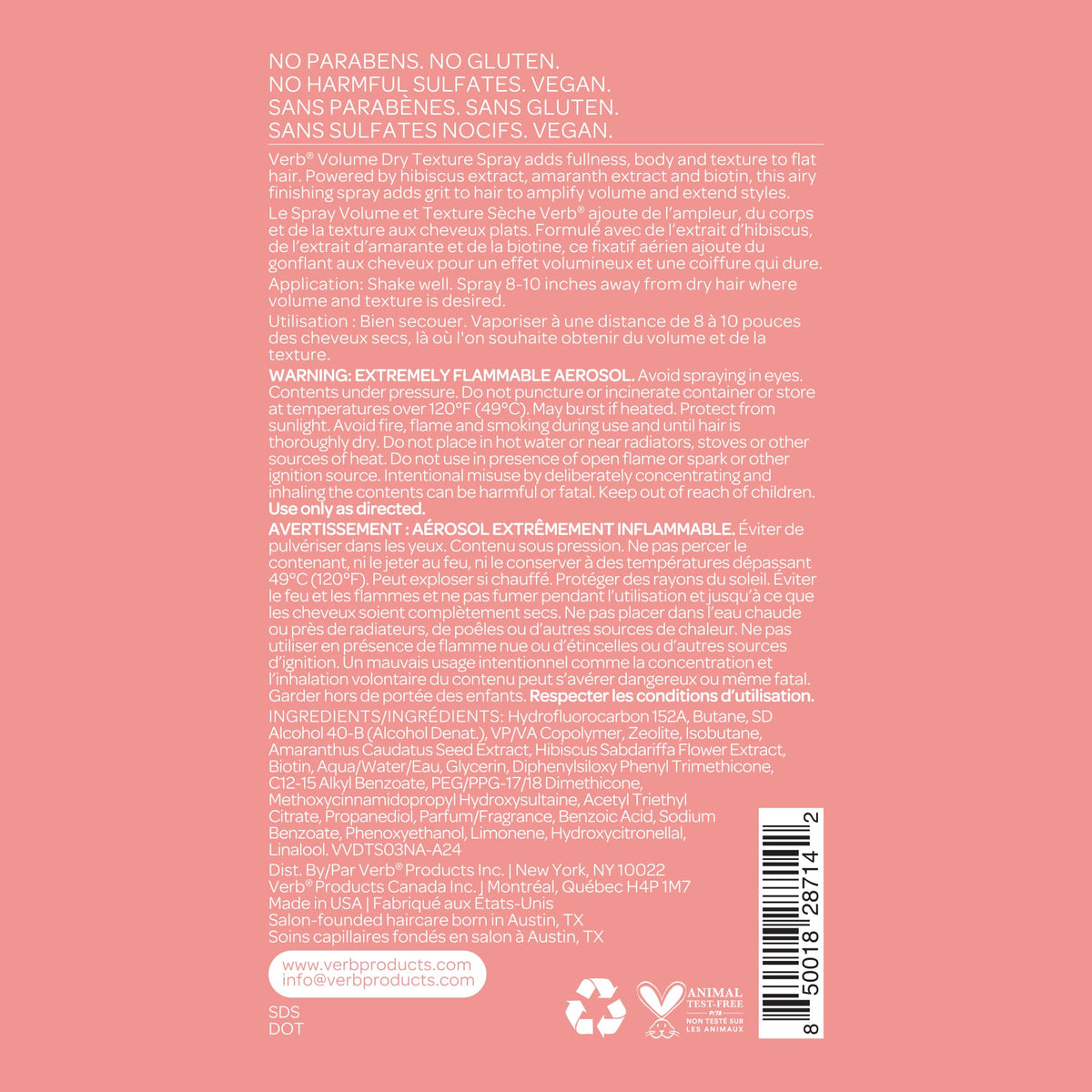 VERB Volume Dry Texture Spray ingredients list
