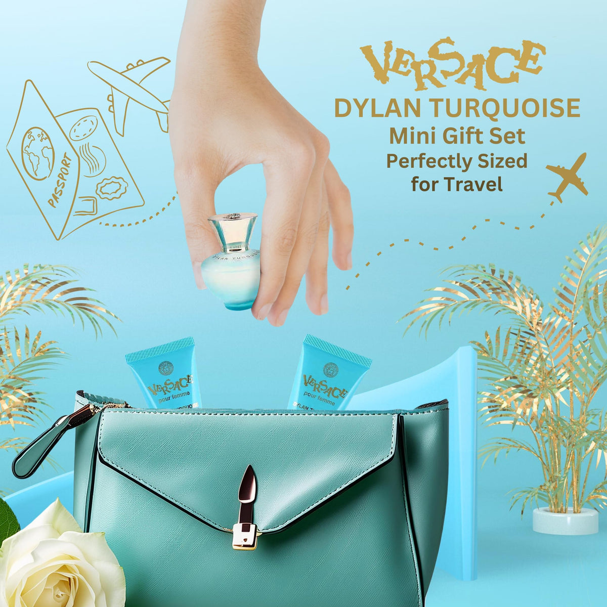 Versace Dylan Turquoise Mini Perfume Trio Gift Set displayed on a table