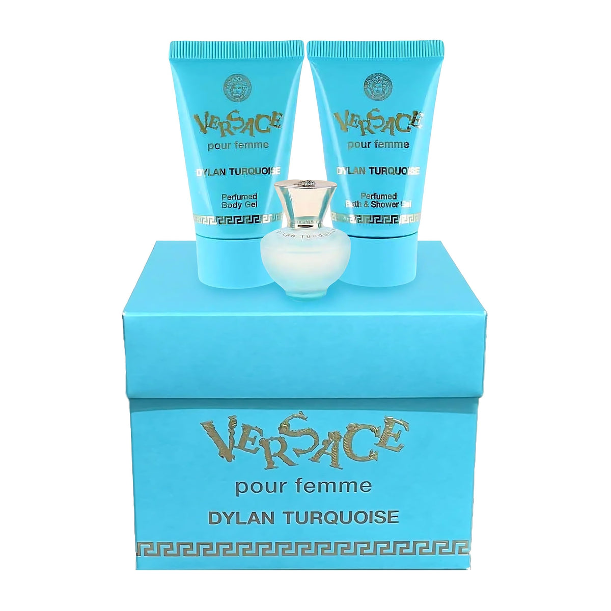 Versace Dylan Turquoise Mini Perfume Trio Gift Set with travel accessories