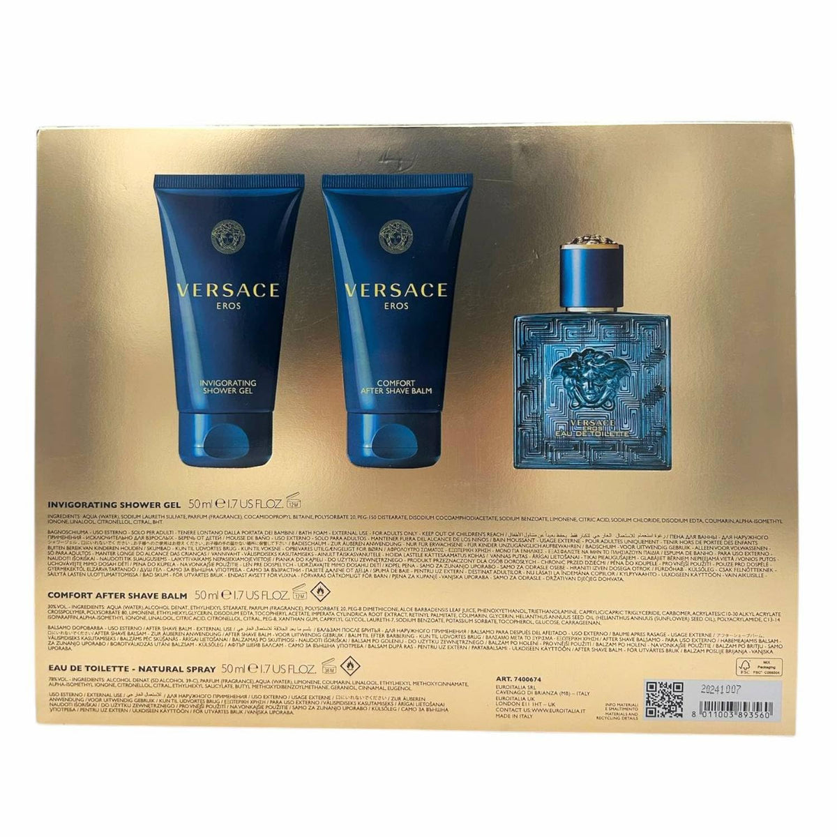 Versace Eros Fragrance Gift Set displayed on a countertop
