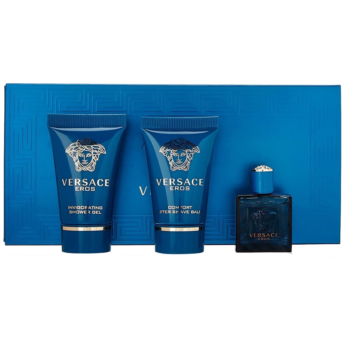 Versace Eros Mini Gift Set displayed on a bathroom counter