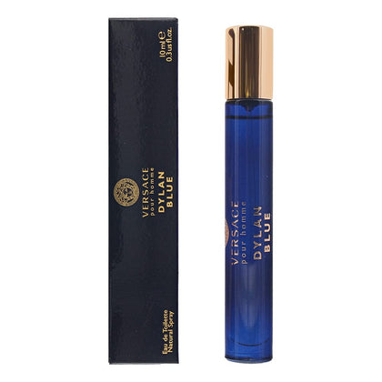 Versace Pour Homme Dylan Blue 0.3 oz Eau de Toilette Travel Spray with geometric blue bottle and gold-tone lid