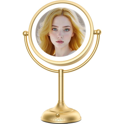 VESAUR 8.5" Lighted Makeup Mirror front view with gold finish