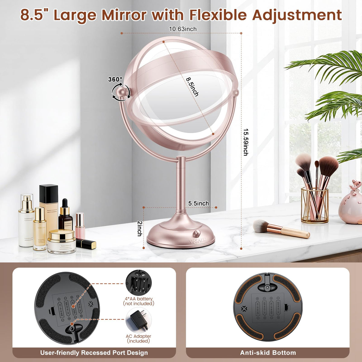 VESAUR 8.5" Lighted Makeup Mirror showing three lighting modes