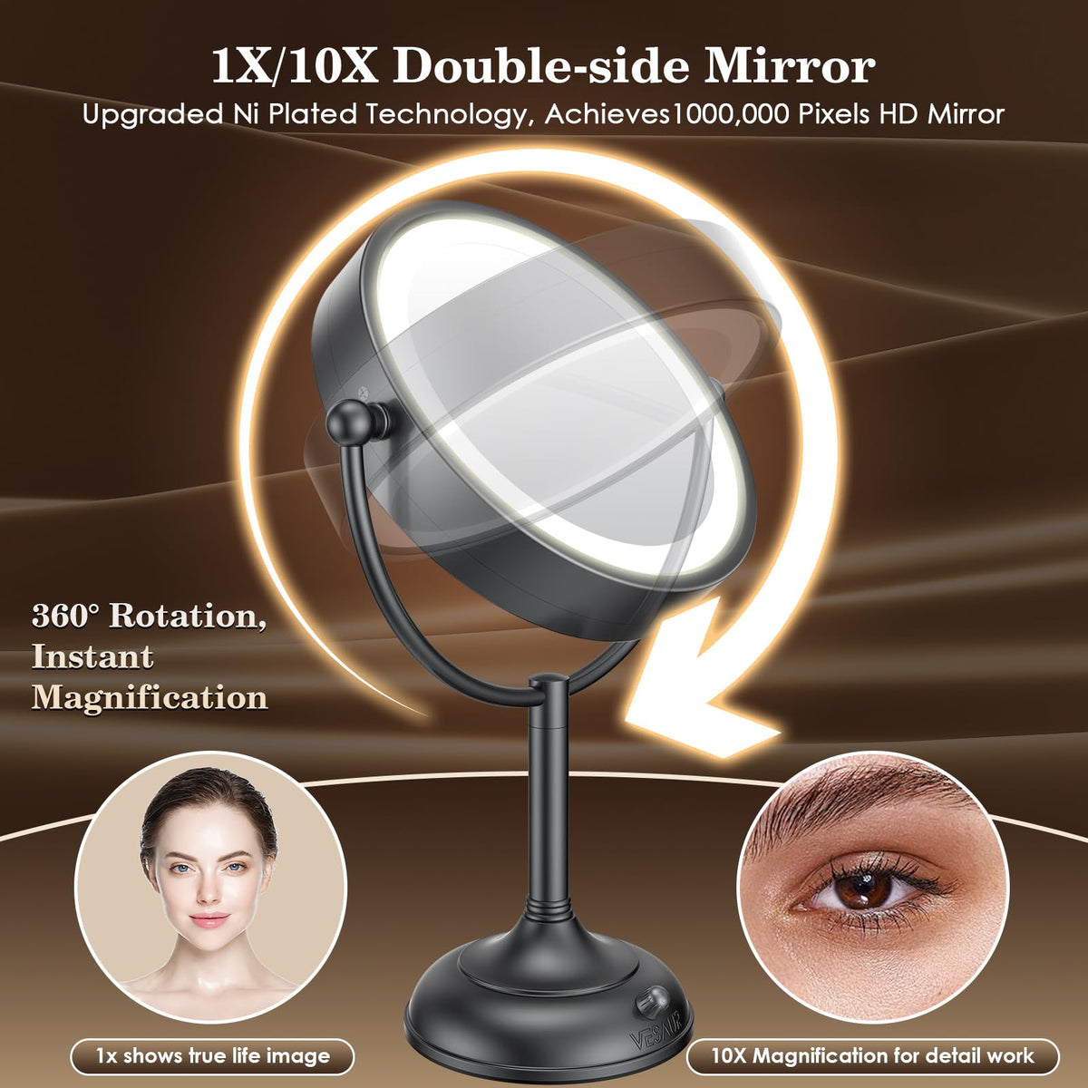 VESAUR 8.5" Lighted Makeup Mirror side view showing 10X magnification