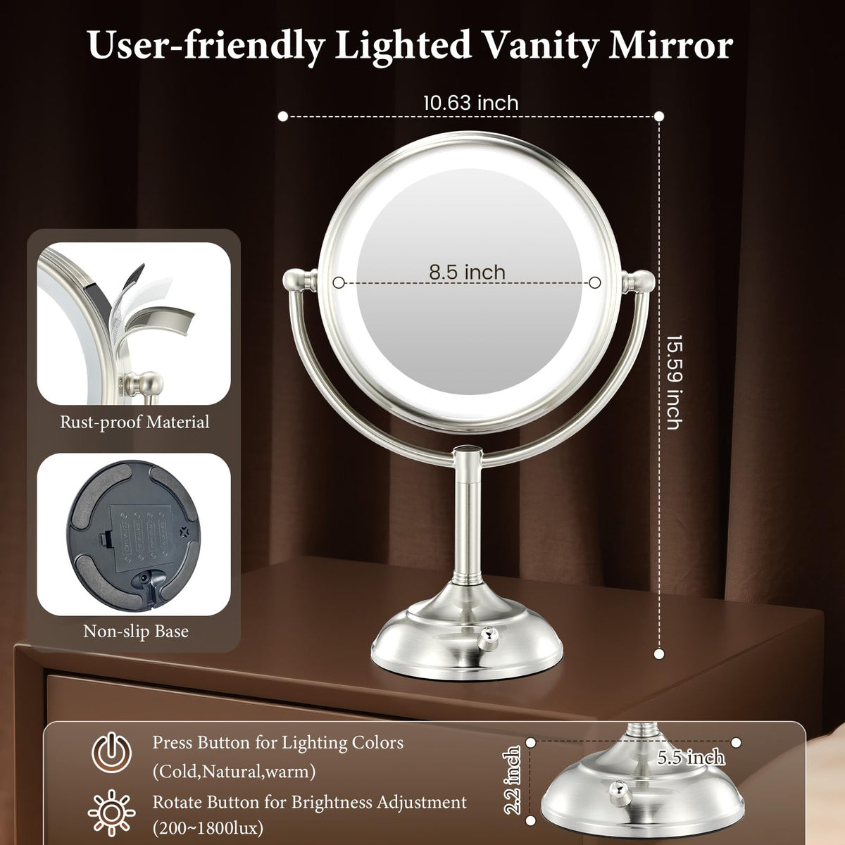 VESAUR lighted makeup mirror powered by AC adapter and batteries