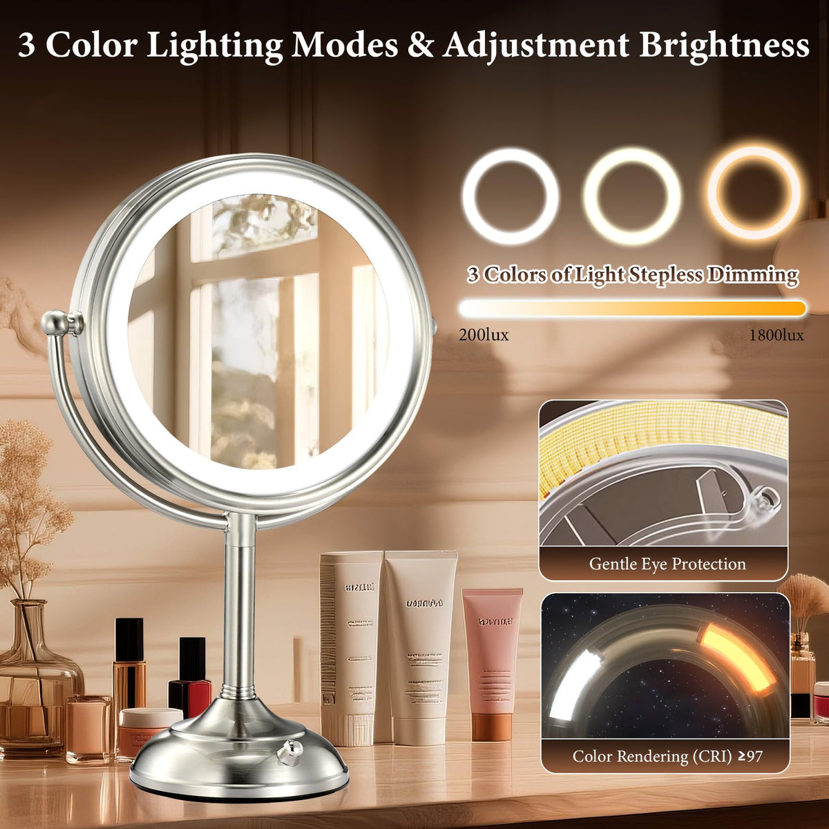 VESAUR lighted makeup mirror with natural, warm, and white light settings