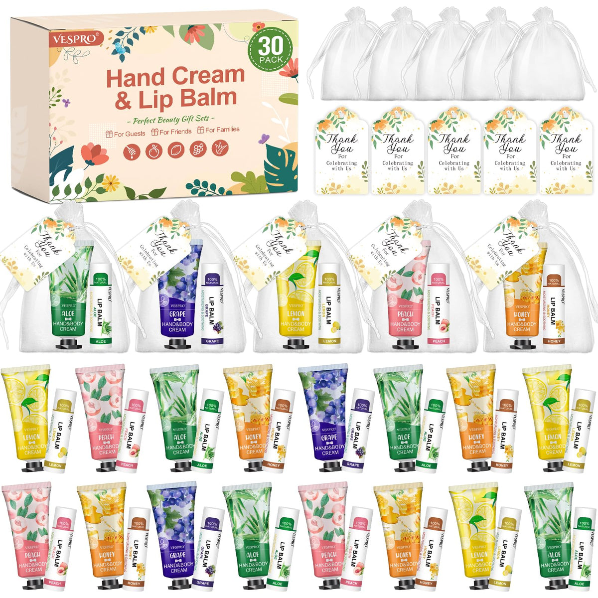 VESPRO 30 Pack Hand Cream and Lip Balm Set with organza bags