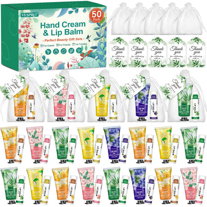 VESPRO 50 Pack Hand Cream and Lip Balm Gift Set with Organza Bags