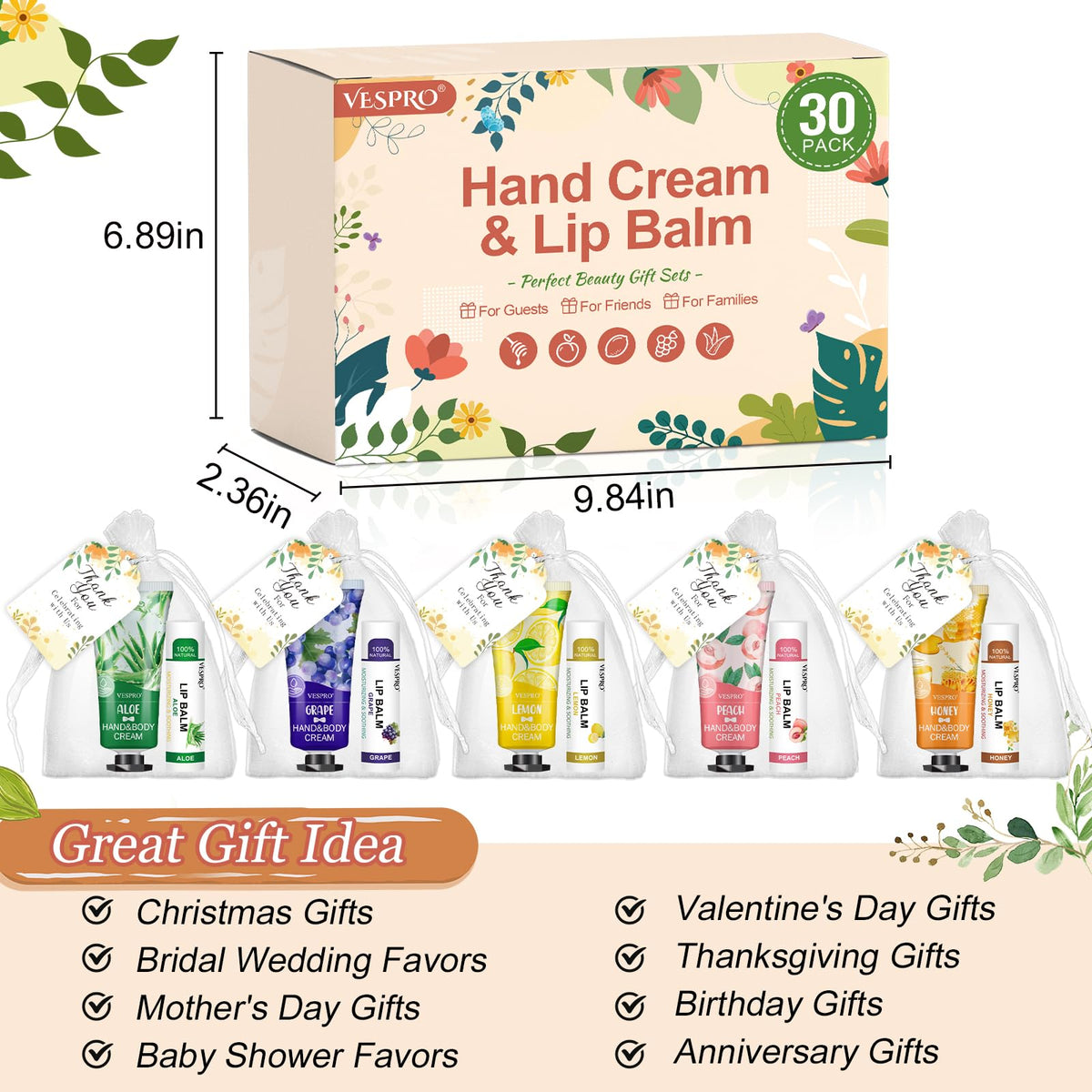 VESPRO hand cream and lip balm set displayed on a table