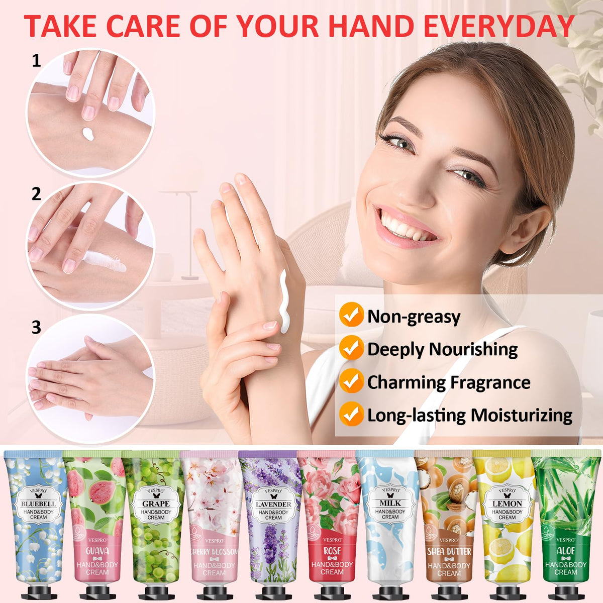 VESPRO hand cream set displayed with floral background