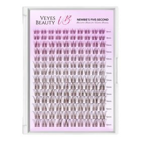 VEYESBEAUTY brown lash clusters displayed on a makeup table