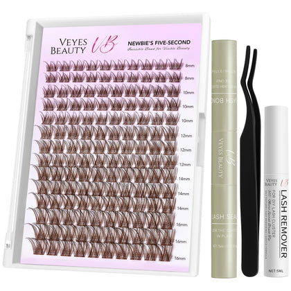 VEYESBEAUTY Brown Lash Clusters Kit front view with lash tray