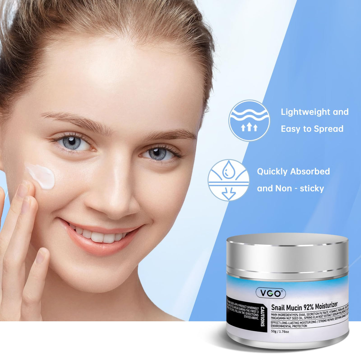 VGO Snail Mucin Moisturizer 92% with a hand applying cream