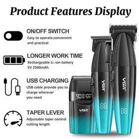 VGR 640S3 hair clippers with LED display showing battery status