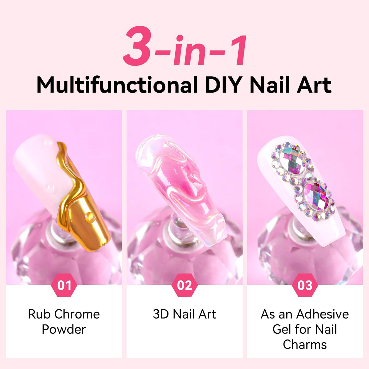 Vibrant metallic nails created with Makartt chrome powder