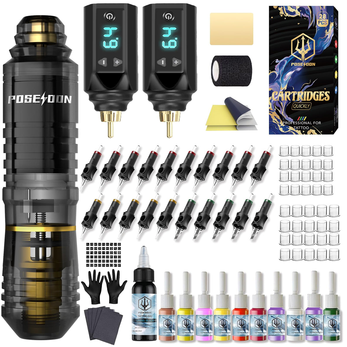 Vidattx POSEIDON Tattoo Gun Kit front view with accessories
