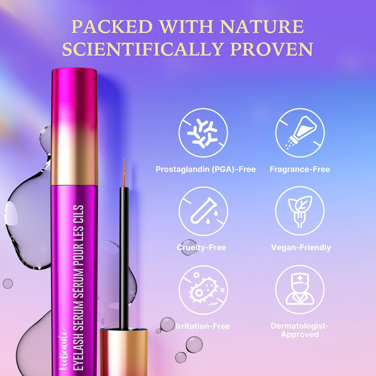 VieBeauti EyeLash Growth Serum 3mL side view showing ingredients