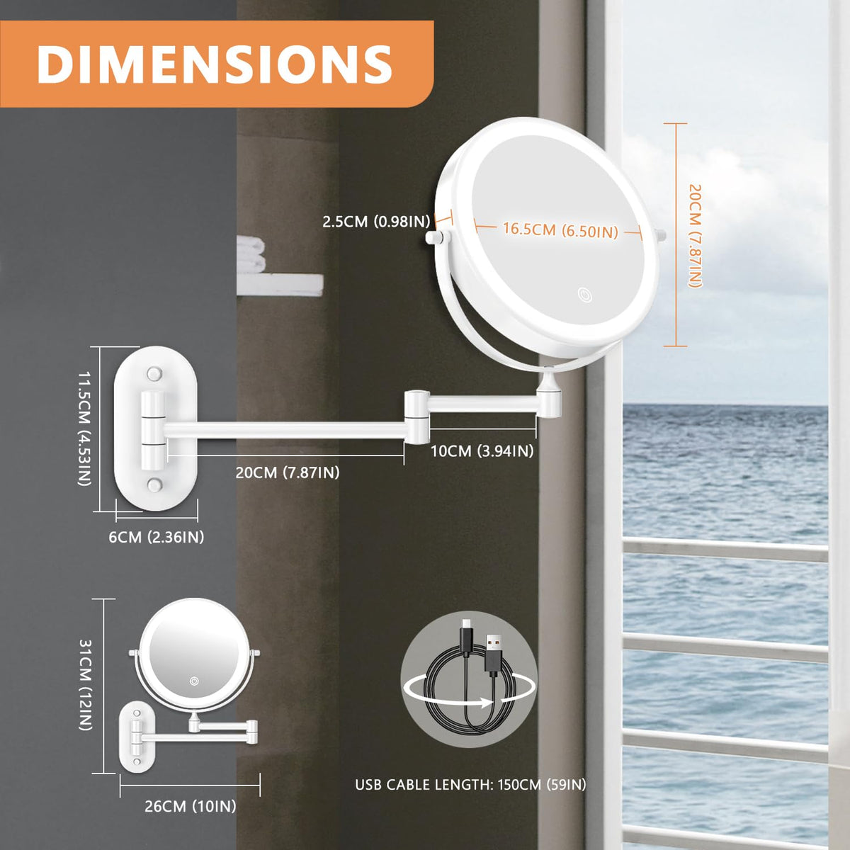 View of Auxmir wall mounted makeup mirror showing adjustable LED lights