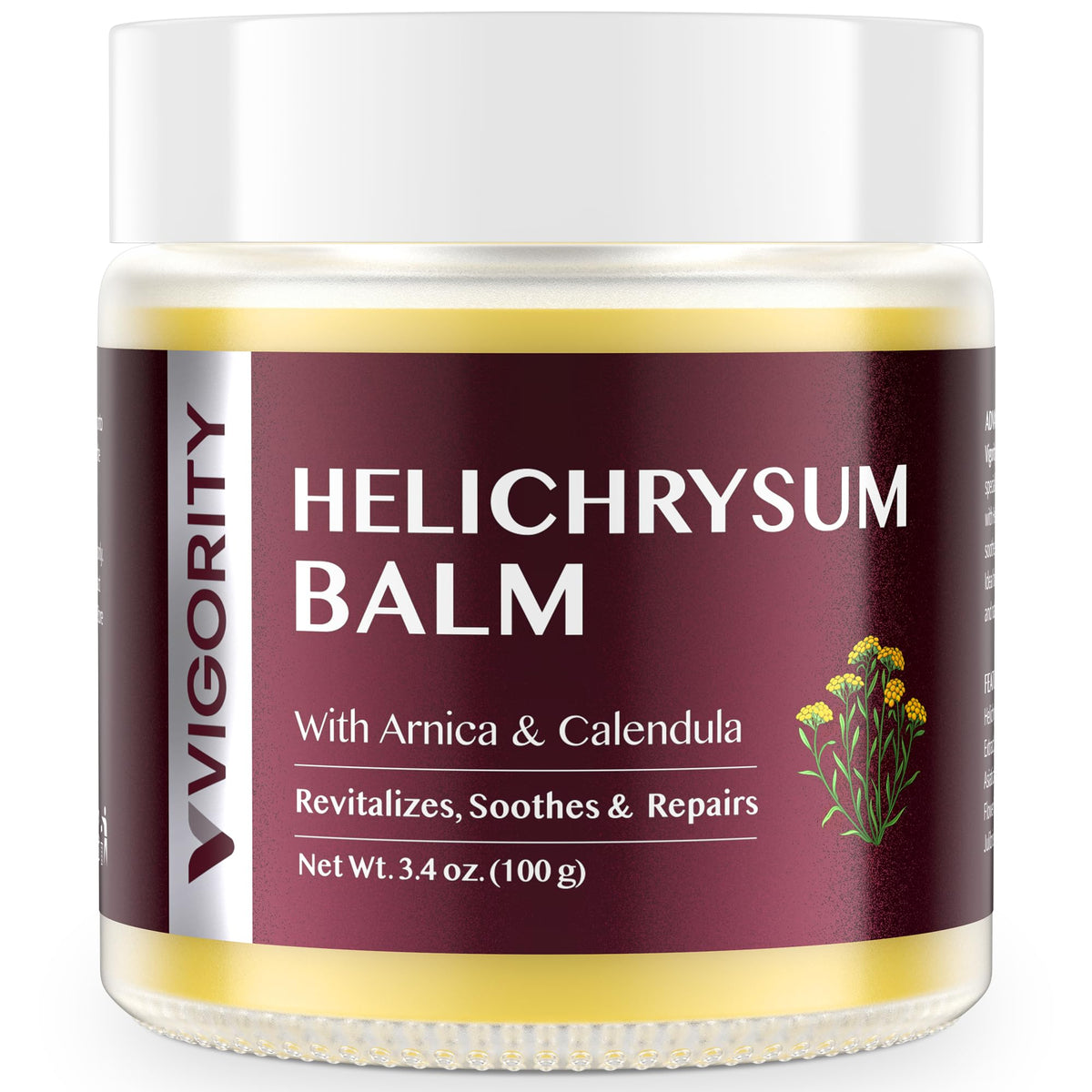 Vigority Helichrysum Balm 3.4oz front view with packaging