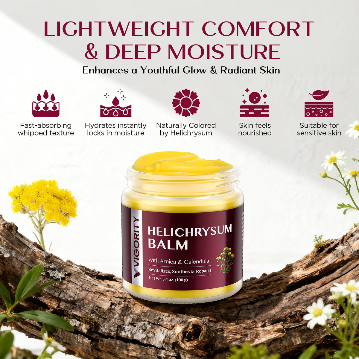 Vigority Helichrysum Balm 3.4oz on a bathroom shelf