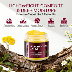 Vigority Helichrysum Balm 3.4oz on a bathroom shelf