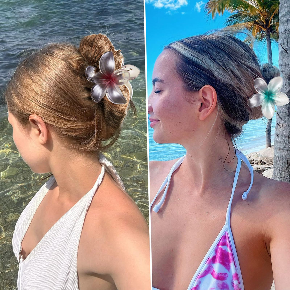 Vigorpace flower hair clips displayed on a beach background