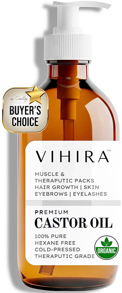 Vihira Organic Golden Castor Oil 16oz amber bottle front view
