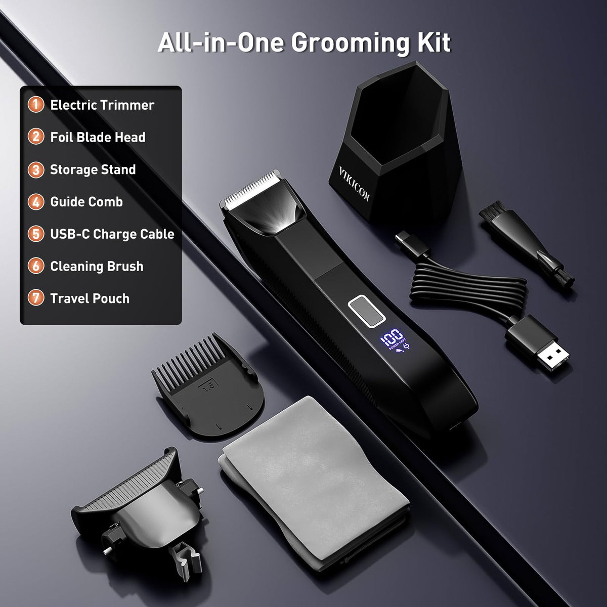 VIKICON Manscape Trimmer displayed with grooming accessories