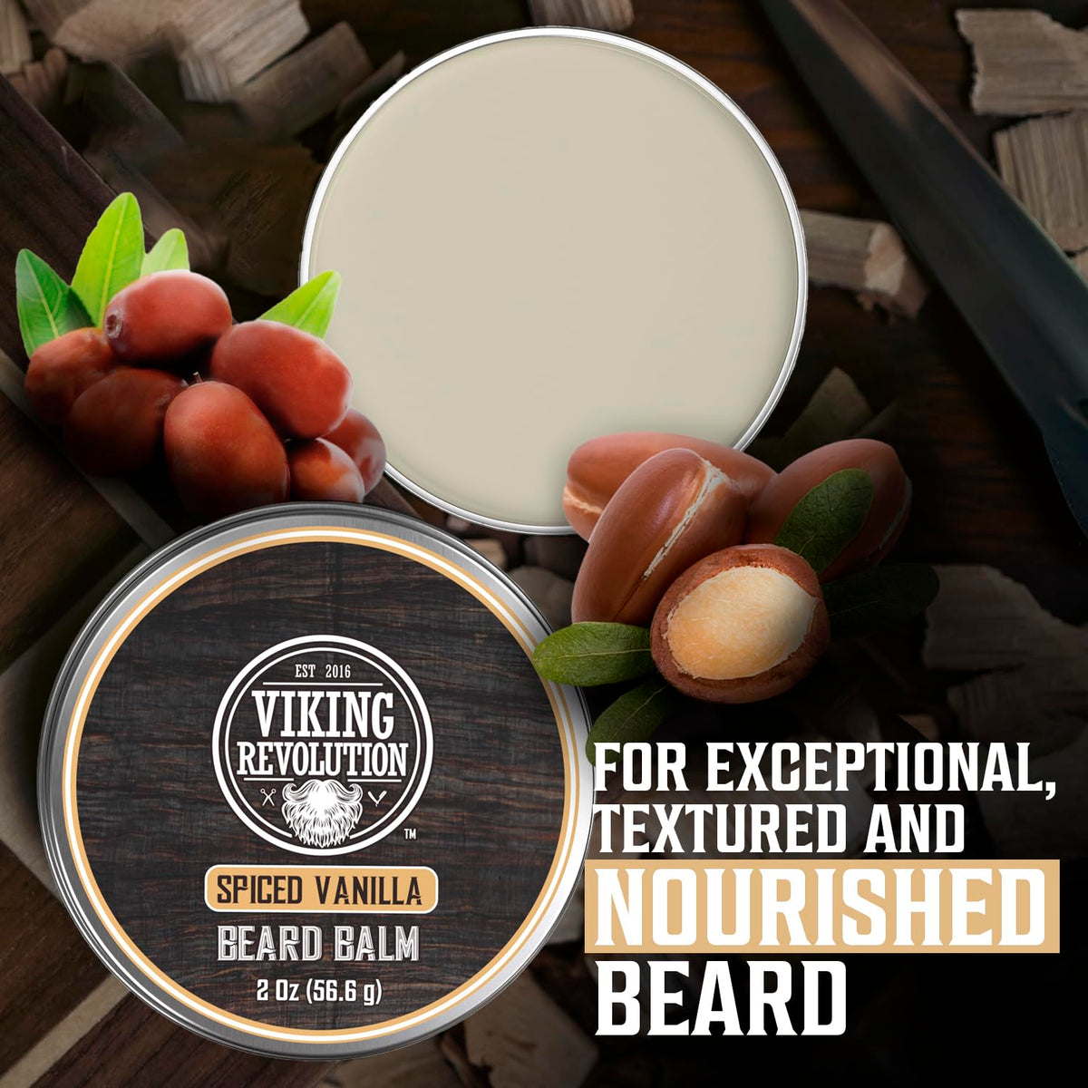 Viking Revolution Beard Balm Spiced Vanilla with beard grooming tools