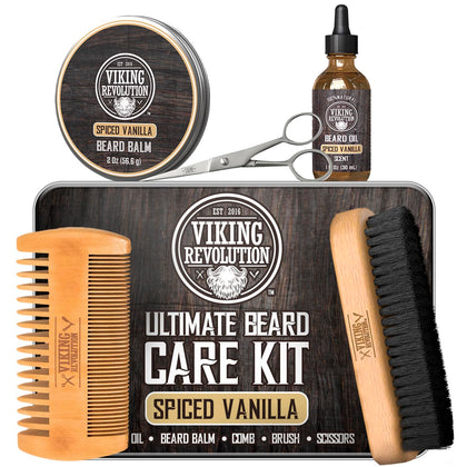 Viking Revolution Beard Grooming Kit Spiced Vanilla front view with metal tin