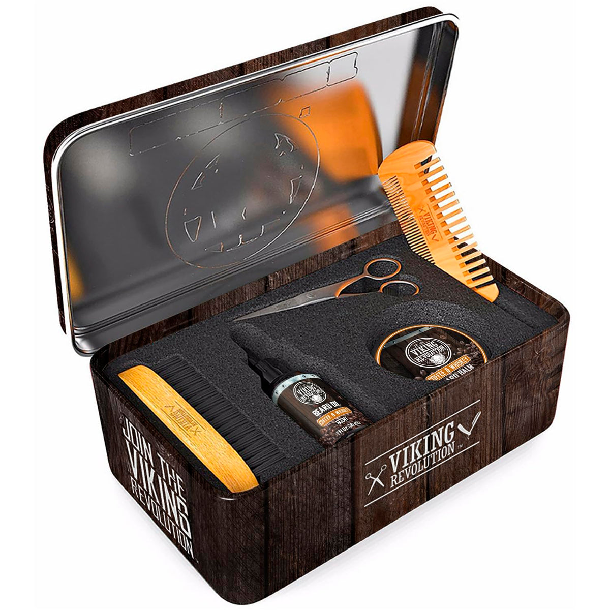Viking Revolution Beard Kit Coffee Whiskey displayed with grooming tools