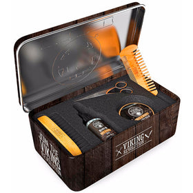 Viking Revolution Beard Kit Coffee Whiskey displayed with grooming tools