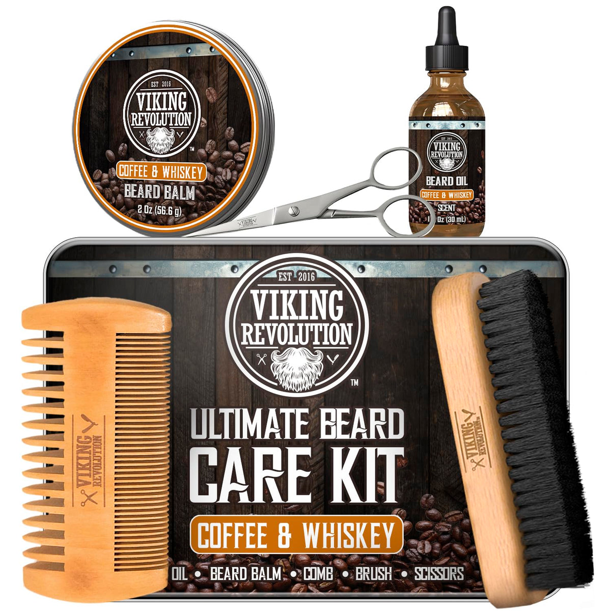 Viking Revolution Beard Kit Coffee Whiskey front view in metal box