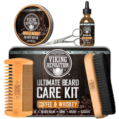 Viking Revolution Beard Kit Coffee Whiskey front view in metal box