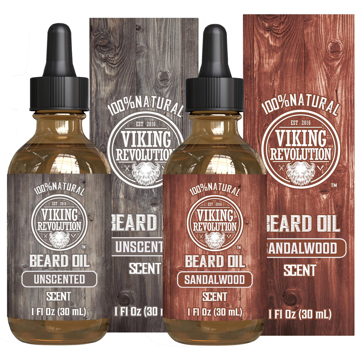 Viking Revolution Beard Oil 2 Pack front view with sandalwood and unscented labels